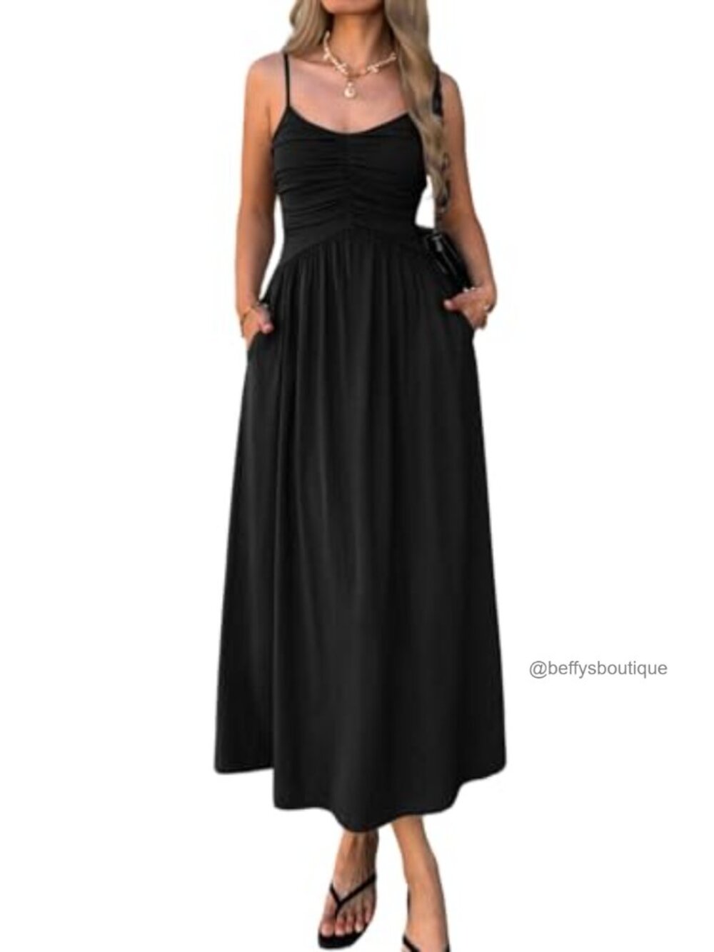 Spaghetti Strap Midi Dress Ruched Bust A-Line Empire Waist Summer Dress with